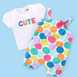 Babyhug 100% Cotton Knit Half Sleeves T-Shirt & Dungaree Set Polka Dot Print - Multicolor-image-93