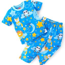 Babyhug Cotton Single Jersey Knit Half Sleeves Night Suit Panda Print - Blue-image-69