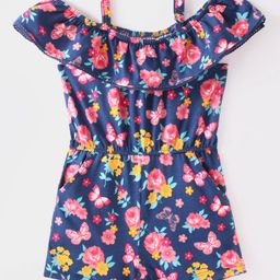 Babyhug Single Jersey Knit Cold Shoulder Sleeves Jumpsuit with Floral Print - Navy Blue-image-62