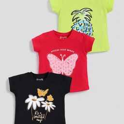 giniekids Pack Of 3 Half Sleeves Butterfly & Flower Printed Tees - Black Green & Rani Pink-image-91