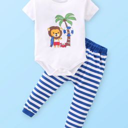 Babyhug 100% Cotton Knit Half Sleeves Onesies with Leggings Lion Print- White-image-36