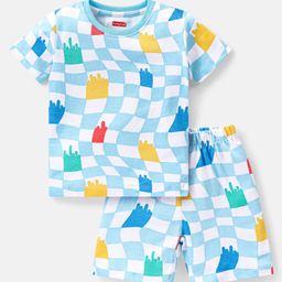 Babyhug Single Jersey Half Sleeves Night Suit Checks Print - Blue-image-55