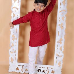 MoMaa Full Sleeves Checked Sequin Embellished Kurta & Pyjama Set - Red-image-29