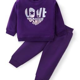 Babyhug Cotton Terry Knit Full Sleeves T-Shirt & Lounge Pants Set With Text Print - Purple-picture-0