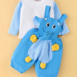 WOW Cotton Full Sleeves Dungaree Set with Elephant Applique - Blue-picture-1