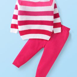Babyhug Knitted Full Sleeves Striped Pullover Sweater Set - Dark Pink-14