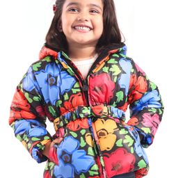 Babyhug Woven Full Sleeves Solid Color Padded Hooded Jacket with Floral Print & Bow Applique - Multicolour-image-93