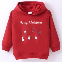 Kookie Kids Terry Knit Full Sleeves Hooded Sweatshirt with Christmas Theme Print - Red-picture-21