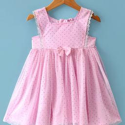Babyhug Woven Sleeveless Glitter Dress with Bow Applique - Pink-image-60