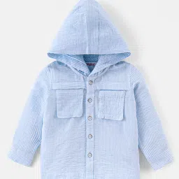 Babyhug Cotton Woven Full Sleeves Hooded Shirt with Stripes Design - Sky Blue-picture-15