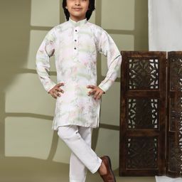 P-MARK Full Sleeves Water Colour Effect With Floral Printed Kurta Pyjama Set - Green-image-64
