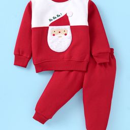 Little Kangaroos Fleece Knit Full Sleeves Winter Wear Suit With Santa Claus Applique - Red & White-image-60