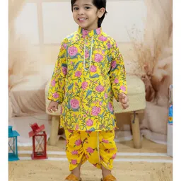 BownBee Pure Cotton Full Sleeves Navratri Theme Floral Printed & Lace Embellished Kurta Dhoti - Yellow-picture-19