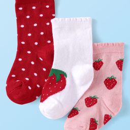Cutewalk by Babyhug Non Terry Knit Anti-bacterial Ankle Length Socks With Polka Dots & Strawberry Design Pack of 3 - Red White & Pink-image-16