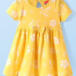 Babyhug Single Jersey Knit Half Sleeves Frock with Floral Print & Bow Applique - Yellow-image-86