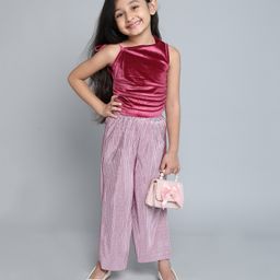 Taffykids Velvet One Shoulder Party Crop Top & Foil Printed Pleated Pant - Wine & Purple-image-49