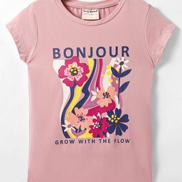 Lazy Bones Sinker Knit Half Sleeves T-Shirt with Floral & Bonjour Text Print - Pink-image-99