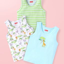 Babyhug Single Jersey Knit Sleeveless Striped & Animal Print Sando Pack of 3 - Light Green Light Blue & White-image-28