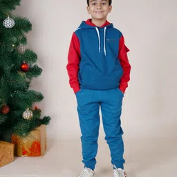Kiddopanti Fleece Full Sleeves Cut & Sew Pocket Hooded Sweatshirt With Joggers - Teal Blue-picture-29