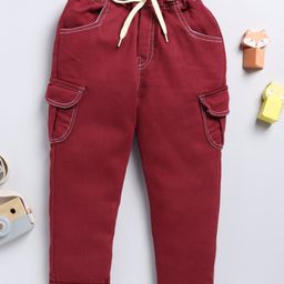 Little Ninja Denim Solid Cargo Style Jeans - Maroon-image-52