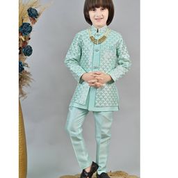 Ahhaaaa Silk Sequins Embellished Geometric Designed Sherwani With Pant & Necklace Set - Turquoise-image-61