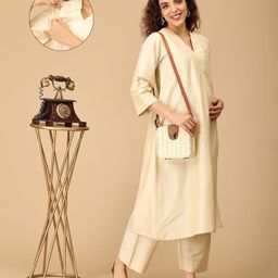The Mom Store Silk Three Fourth Sleeves Solid Maternity Kurta With Nursing Access & Salwar Set - Off White-image-25