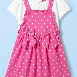 Babyhug Cotton Knit Half Sleeves Inner T-Shirt & Frock with Heart Print & Bow Applique - Pink & White-image-66