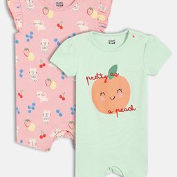 MINI KLUB Cotton Knit Pack Of 2 Half Sleeves Peach & Cats Printed Rompers - Pink & Blue-picture-16