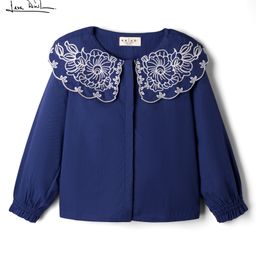 arias by lara dutta Arias Cotton Woven Full Sleeves Top With Floral Embroidery at Collar - Navy Blue-picture-9