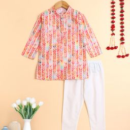 The Magic Wand Cotton Woven Full Sleeves Leaves Printed Kurta Pyjama Set - Peach-image-131