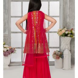 Tiny Kingdom Georgette Sleeveless Floral Sequins Embroidered Kurta Gharara With Dupatta Set -Orange image 3