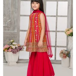 Tiny Kingdom Georgette Sleeveless Floral Sequins Embroidered Kurta Gharara With Dupatta Set -Orange image 5