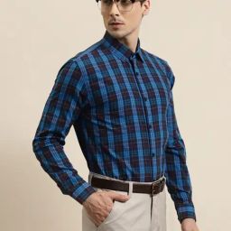 Sojanya Blue Cotton Regular Fit Checks Shirt-image-71