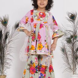 Little Bansi Kids Pink & Green Floral Print Kurta Frock with Sharara & Dupatta-image-43