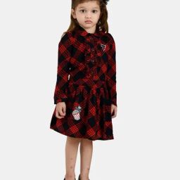 Peppermint Kids Red & Blue Chequered Full Sleeves Dress-image-72