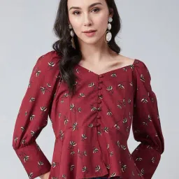 Rare Maroon Floral Print Peplum Top-image-62