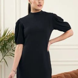 Style Quotient Women Black With Puff Sleeves Knited Short Dress-72