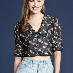 Mast & Harbour Black Floral Printed Puff Sleeve Crop Top-image-60