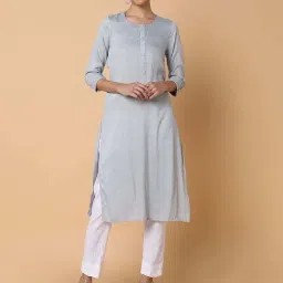 SHOWOFF Grey Cotton Striped Straight Kurta-image-9