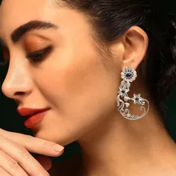 Priyaasi Silver-Plated Floral Oxidised Artificial Stones Drop Earrings-51
