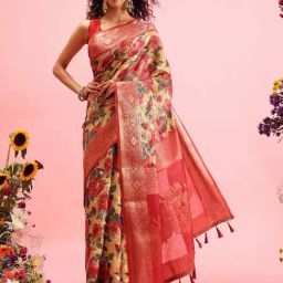 Silk Land Yellow & Red Cotton Printed Saree With Unstitched Blouse-picture-2