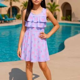 bubble berry Girls Heart Printed Swimming Dress With Attached Shorts-image-86