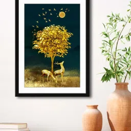 999Store Blue & Golden MDF Deer with Tree Printed Paper Wall Painting - Set of 1 image 1