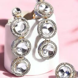 OOMPH Gold Kundan Jadau Round Design Indo Western Look Dangler Earrings & Ring Set-32