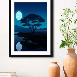 999Store Navy Blue MDF Moon Light with Tree Printed Paper Wall Painting - Set of 1 image 1