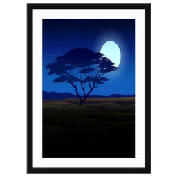 999Store Navy Blue & Brown MDF Moon Light with Tree Printed Paper Wall Painting - Set of 1 image 2