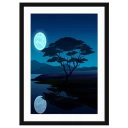 999Store Navy Blue MDF Moon Light with Tree Printed Paper Wall Painting - Set of 1 image 2