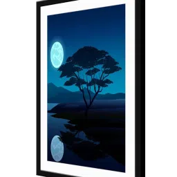 999Store Navy Blue MDF Moon Light with Tree Printed Paper Wall Painting - Set of 1 image 3