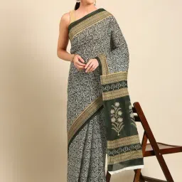 SHANVIKA Dark Green Pure Cotton Floral Print Saree Without Blouse Piece-image-7
