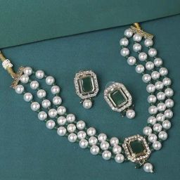 OOMPH Green Stone & Pearls Indo Western Design Choker Set-33